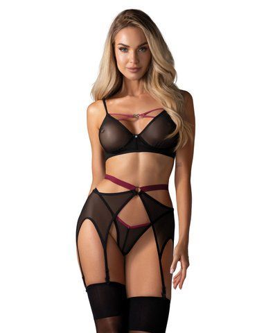 Комплект Obsessive Novenes 3-pcs set, M/L, прозорий ліф на кісточках, стрінги, пояс SX0617 фото