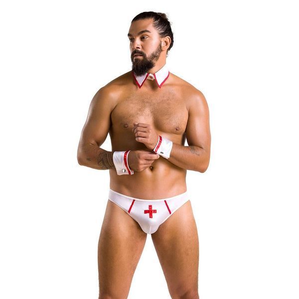 Комплект еротичної чоловічої білизни Passion 037 GREGORY L/XL White, труси, комірець, манжети SO7582 фото